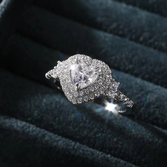 😍Diamond Heart CZ Shiny 14k White Gold Luxury Macro Pave Ring for Women, K852 - Picture 6 of 11